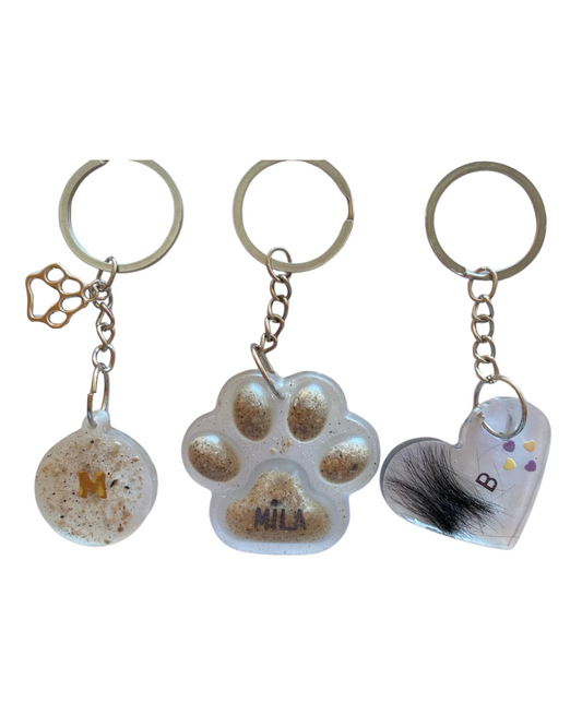 Llaveros de resina personalizados con cenizas, pelo o nombre de tu mascota – recuerdos únicos Kibou